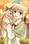  ahoge artoria_pendragon_(all) blonde_hair casual cat fate/stay_night fate_(series) green_eyes hair_ribbon kitten lion nishisute ribbon saber solo 