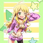  ;d ahoge blonde_hair blush breasts collarbone fishnet_pantyhose fishnets green_eyes hoshii_miki idolmaster idolmaster_(classic) long_hair medium_breasts navel one_eye_closed open_mouth outline pantyhose pink_diamond_765 short_shorts shorts smile solo star tatami_(loop) v 