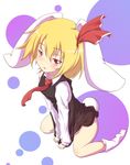  animal_ears blonde_hair blush bottomless bunny_ears bunny_tail fang hair_ribbon highres kemonomimi_mode long_sleeves necktie open_mouth red_eyes red_neckwear rhine ribbon rumia shirt short_hair sitting solo tail touhou v_arms vest wariza 