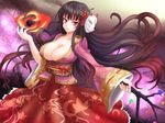  alternate_costume black_hair breasts cleavage dress fire flower fox_mask hair_flower hair_ornament houraisan_kaguya japanese_clothes large_breasts long_hair mask red_eyes slit_pupils solo sumapan touhou 