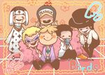  6+boys 6boys bird black_hair blonde_hair chibi coffee_mug donquixote_doflamingo dracule_mihawk earflap_hat hat hat_pompom laffitte male male_focus marco multiple_boys nata_de_coco one_piece pell penguin_(one_piece) shichibukai sitting standing sunglasses tattoo top_hat 