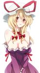  bad_id bad_pixiv_id bare_shoulders blonde_hair blush breasts choker cleavage dress hat hat_ribbon large_breasts long_hair parted_lips red_eyes ribbon ribbon_choker shiroshi_(denpa_eshidan) simple_background solo touhou white_background yakumo_yukari 