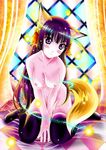  1girl animal_ears artist_request black_hair breasts fox_ears fox_tail highres himenokouji_akiko inari kitsune long_hair monster_girl naked nipples nude onii-chan_dakedo_ai_sae_areba_kankeinai_yo_ne stained_glass tail thighhighs 