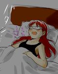  bed bed_sheet fang hair_down long_hair mahou_shoujo_madoka_magica mask nori_senbei red_hair sakura_kyouko saliva sleeping solo tank_top translated 