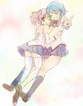  ;o ^_^ blue_hair closed_eyes grin hair_ornament hair_ribbon hairclip highres hug kaname_madoka mahou_shoujo_madoka_magica miki_sayaka multiple_girls nori_senbei one_eye_closed pink_eyes pink_hair ribbon school_uniform short_twintails smile thighhighs twintails v zettai_ryouiki 