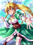  blonde_hair blush braid breasts cleavage dress elf green_eyes highres kayama_kenji leafa long_hair looking_at_viewer medium_breasts pointy_ears ponytail solo sword_art_online twin_braids 