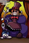  1girl artist_name bomb bow cigar dress fuse george_the_bomb grin hat kura_kei kuraibc mechanical_arms mechanical_limbs peacock_(skullgirls) red_eyes signature skullgirls smile smoke teeth top_hat 