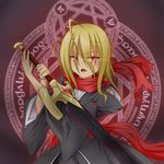  blonde_hair ex-rumia fang japanese_clothes magic_circle open_mouth red_eyes ribbon rumia scarf short_hair slit_pupils solo sword tennenmoe touhou weapon 