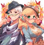  1girl axis_powers_hetalia bespectacled blonde_hair earrings fashion fedora fingernails floral_print flower glasses green_eyes hair_ornament hat highres hungary_(hetalia) jewelry keiko_rin prussia_(hetalia) red_eyes revision ring scrunchie sleeves_rolled_up white_hair wristband 