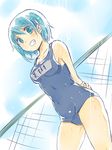  blue_eyes blue_hair fence grin hair_ornament hairclip mahou_shoujo_madoka_magica miki_sayaka nori_senbei one-piece_swimsuit school_swimsuit short_hair smile solo sunlight swimsuit wet 