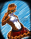  anthro black_nose cheetah cheetos chester_cheetah clothing eyewear feline male mammal mascot pose shorts solo sunglasses tongue topless 