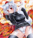  alternate_costume animal_ears at_classics black_legwear breasts covered_nipples hat inubashiri_momiji large_breasts looking_at_viewer lying no_pants on_back panties red_eyes ribbed_sweater sample short_hair side-tie_panties silver_hair smile solo sweater tail thighhighs tokin_hat touhou underwear white_panties wolf_ears wolf_tail 
