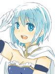  armband blue_eyes blue_hair cape gloves magical_girl mahou_shoujo_madoka_magica miki_sayaka nori_senbei open_mouth salute short_hair smile solo upper_body 