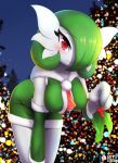  1girl :3 artist_name bangs bent_over blue_sky blush breasts christmas christmas_tree closed_mouth collarbone cowboy_shot creatures_(company) detached_sleeves dress eyebrows_visible_through_hair female fur-trimmed_dress fur-trimmed_sleeves fur_trim game_freak gardevoir gen_3_pokemon green_dress green_hair hair_over_one_eye hand_up hanging_breasts holding looking_at_viewer medium_breasts mistletoe night nintendo outdoors patreon_logo patreon_username pokemon pokemon_(creature) red_eyes rilex_lenov shiny shiny_hair short_dress short_hair sky sleeveless sleeveless_dress smile solo standing star_(sky) starry_sky tree watermark white_skin 