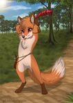  blush canine chest_tuft feather_in_hair female fox fur mammal nude outside rukifox solo tuft 
