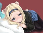  aleksandra_i_pokryshkin animal_ears bad_id bad_pixiv_id bear_ears bear_girl bear_tail black_legwear blonde_hair blue_eyes blush brave_witches goji_(five_clock) hairband lying multiple_girls nikka_edvardine_katajainen pantyhose skirt tail white_legwear world_witches_series 