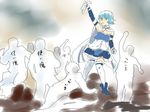  arm_up armband blue_eyes blue_hair cape fine_art_parody gloves grin holger_(madoka_magica) liberty_leading_the_people magical_girl mahou_shoujo_madoka_magica miki_sayaka nori_senbei parody short_hair smile sword thighhighs weapon zettai_ryouiki 