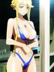  :o absurdres bikini blonde_hair breasts cleavage collarbone earrings front-tie_top groin highres highschool_of_the_dead huge_breasts jewelry long_hair looking_down marikawa_shizuka navel open_mouth screencap shiny shiny_skin sidelocks solo stitched swimsuit third-party_edit yellow_eyes 