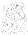  absurdres bad_id bad_pixiv_id blush greyscale hair_ornament hair_ribbon hairclip highres kagamine_rin lily_(vocaloid) lineart long_hair monochrome multiple_girls ribbon scarf school_uniform serafuku short_hair skirt smile tamura_hiro transparent_background vocaloid 