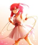  arya_(tianhua) bangs bracer chain clenched_hands closed_mouth feet_out_of_frame frown gem gradient gradient_background jewelry legs_apart looking_away magi_the_labyrinth_of_magic md5_mismatch morgiana one_side_up pendant red_background red_eyes red_hair sash shade short_hair sleeveless solo standing w_arms weapon white_background 