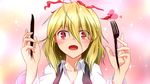  :o ahoge blonde_hair blush breasts cleavage ex-rumia fang fork heart knife medium_breasts mundane_utility red_eyes rumia saliva short_hair solo sparkle tennenmoe torn_ribbon touhou 