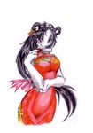  bear big_breasts bittenhard black_hair bow_tie breasts chinese chinese_dress ear_piercing female fur hair mammal painted_nails panda piercing plain_background smile solo traditional_art traditional_media white_fur 