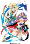  2girls 90s agahari armor bikini_armor blonde_hair blue_hair bow_(weapon) breasts chris_(villgust) copyright_name fanna_(villgust) faulds fingerless_gloves gloves green_eyes kouryuu_densetsu_villgust medium_breasts multiple_girls oldschool pauldrons shield short_hair skirt smile sword weapon 