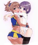  ass blue_eyes brown_hair censored cheerleader crossdressing foreskin genda hair_ornament hairclip male_focus multiple_boys multiple_penises nipples open_clothes open_shirt original otoko_no_ko pantyhose pantyhose_pull penis penises_touching phimosis ponytail purple_eyes purple_hair saliva saliva_trail scrunchie shirt shorts_tan simple_background skirt tan tanline tongue white_background yaoi 