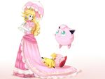  1girl blonde_hair crossover dress elbow_gloves gloves jigglypuff kirby kirby_(series) konna-nani mario_(series) pikachu pokemon princess_peach super_mario_bros. super_smash_bros. umbrella 