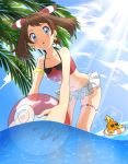  beach bikini blue_eyes brown_hair child creatures_(company) earrings flat_chest game_freak gen_3_pokemon hair_ribbon haruka_(pokemon) haruka_(pokemon)_(remake) jewelry legs navel nintendo open_mouth pokemon pokemon_(creature) pokemon_(game) ribbon sky sunglasses swimsuit torchic water 