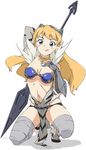  :q armor bandages bandeau bikini_armor blonde_hair blue_eyes blush breasts cleavage elina gauntlets long_hair medium_breasts navel one_knee queen's_blade simple_background solo tongue tongue_out umanosuke weapon white_background 