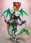  2012 amber_eyes armor audiovideomeow bracelet breasts claws cleavage clothing collar dragon female green_fur hair hindpaw horn jewelry lips looking_at_viewer metal paws red_hair reptile scalie short_hair smile solo standing sword tail_tuft thighs tuft unconvincing_armor weapon wings 