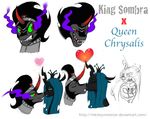  &lt;3 black_hair changeling couple crown english_text equine eye_mist fangs female feral friendship_is_magic green_eyes green_hair hair holes horn horse king king_sombra_(mlp) kissing long_hair male mammal mickeymonster my_little_pony pony queen queen_chrysalis_(mlp) red_eyes royalty shipping sketch text 
