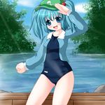  blue_dress blue_eyes breasts covered_nipples dress hair_bobbles hair_ornament hat jacket kawashiro_nitori one-piece_swimsuit open_mouth riku_(rikkuru) school_swimsuit small_breasts smile solo swimsuit swimsuit_under_clothes touhou two_side_up water 