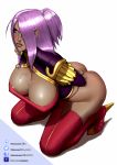  1girl akiru_cairne boots breasts cleavage cleavage_cutout dark_skin dragonaut facial garnet_mclane green_eyes hair_over_one_eye high_heel_boots high_heels huge_breasts long_hair purple_hair solo thigh_boots thighhighs 