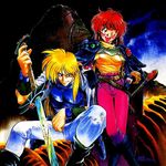  1boy 1girl 90s ;d araizumi_rui belt blonde_hair boots cover cover_page crossed_legs dated fantasy gourry_gabriev lina_inverse long_hair official_art one_eye_closed open_mouth pants pauldrons red_eyes red_hair scan shirt signature sitting slayers smile sword thigh_gap weapon 