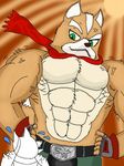  bicep biceps big bulge canine clothing fox fox_mccloud giant green_eyes hot huge male mammal mccloud muscleartguy muscles nintendo scarf size_difference smirk star star_fox video_games 