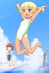  &gt;_&lt; :&gt; :d \o/ armpits arms_up blonde_hair blue_eyes blush brown_hair child closed_eyes cloud competition_swimsuit condensation_trail day fang flat_chest jumping multiple_girls one-piece_swimsuit one-piece_tan open_mouth original outdoors outstretched_arms pool_ladder poolside sky smile swimsuit tan tanline tomboo water 
