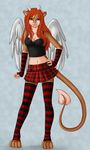  breasts dragon female ferret ferrit hair horn hybrid legwear mammal mustelid red_hair skirt solo stockings wings wolframkyo 