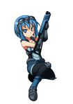  armor black_legwear blue_eyes blue_hair boots carracosta elbow_pads gen_5_pokemon goggles goggles_on_head gun knee_pads pantyhose personification pokemon short_hair shotgun shoulder_pads solo weapon 