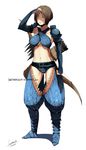  armor arrow baggy_pants belt bow_(weapon) breasts brown_hair criss-cross_halter dated detached_sleeves faustsketcher fishnets greaves halter_top halterneck large_breasts monster_hunter multiple_belts nargacuga_(armor) panties pants pauldrons quiver short_hair solo underwear weapon 