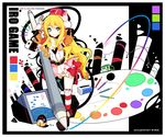  abstract ahoge arms_up blonde_hair blush bow eraser green_eyes hat ideolo long_hair no_nose over-kneehighs palette pencil rainbow_order revision ribbon sample shoes skirt smile solo striped striped_legwear stylus thighhighs tombow_mono vest 