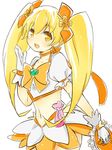  blonde_hair bow choker cure_sunshine earrings gloves hair_bow heartcatch_precure! instrument jewelry long_hair magical_girl midriff myoudouin_itsuki navel nori_senbei orange_bow orange_choker precure solo tambourine twintails yellow_bow yellow_eyes 