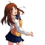  ahoge blue_skirt brown_hair fang long_hair red_eyes school_uniform skirt solo sweater_vest tsukihime tusia two_side_up yumizuka_satsuki 