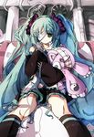  aqua_hair bad_id bad_pixiv_id bandages bondson detached_sleeves eyepatch green_eyes hatsune_miku long_hair sitting skirt solo stuffed_animal stuffed_toy tsumi_to_batsu_(vocaloid) twintails very_long_hair vocaloid 