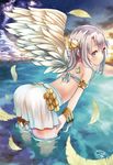  armlet bangle bare_shoulders bent_over blush bracelet cloud feathers hair_ornament hands_on_thighs haruken highres jewelry leaning_forward long_hair looking_back midriff original silver_eyes silver_hair single_wing skirt sky smile solo standing wading water wings 