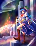  blue_hair boots cross-laced_footwear food fruit highres hinanawi_tenshi lace-up_boots long_hair mugen_soukyuu peach red_eyes revision solo sword sword_of_hisou touhou weapon 