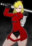  armor bad_id bad_pixiv_id blonde_hair cabbage_(xyzeroin) fighting_stance gloves hair_ribbon jacket japanese_armor katana kote mole monjou_kina over_shoulder red_eyes red_jacket ribbon short_hair solo sword sword_over_shoulder thick_thighs thighs updo weapon weapon_over_shoulder zero_in 