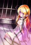  1girl antennae blonde_hair caged chains collar fairy original pink_eyes pointy_ears solo ume_(illegal_bible) 