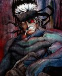  bandana bouzu_atama cigarette eyepatch facial_hair headband highres load_bearing_vest male_focus metal_gear_(series) metal_gear_solid_4 mustache old_snake smoking sneaking_suit solid_snake solo white_hair 